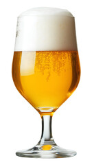 Foaming golden beer filling elegant tulip glass, crisp white head creating rich texture against clean transparent backdrop