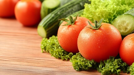 Juicy Tomatoes Cucumbers Lettuce Fresh Vegetables Wooden Background