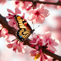 Fototapeta premium A butterfly landing on a blooming cherry branch