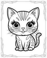 Cat coloring page for kids, Cute cat black and white hand drawing vector isolated white background