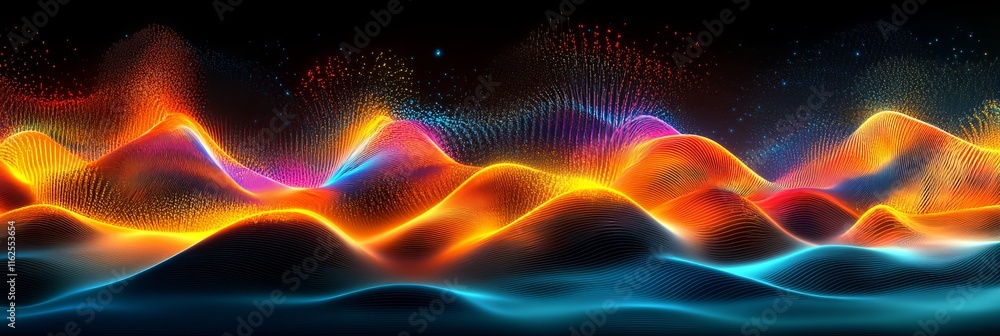 Poster Abstract Colorful Digital Landscape With Shining Neon Particle Waves. Big Data Visualization. 3D.