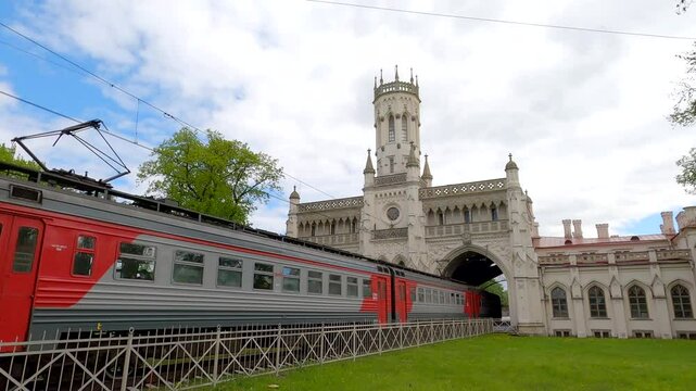 The electric train arrives at the Novy Peterhof station on a May day. Suburbs of St. Petersburg 