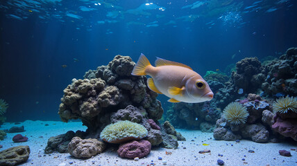 Fototapeta premium Tropical fish near rocky reef in a saltwater aquarium