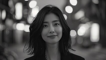 Fototapeta premium A young Asian woman with shoulder-length hair looks at the camera with a calm, gentle expression. Black and white portrait against a softly blurred city backdrop.