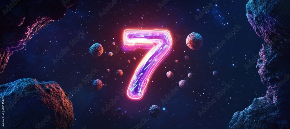 Poster glowing number seven in deep space surrounded by asteroids