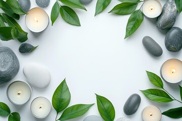 Serene Spa Setting With Candles Stones and Leaves
