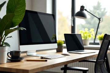 Office Workspace Mockup - Modern Desk with Computers, Chairs, and Accessories