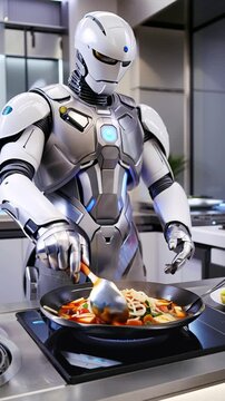 video of a robot cooking in a futuristic kitchen