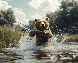 A playful brown bear wearing a life vest expertly fly fishes in a pristine river, splashing water playfully.