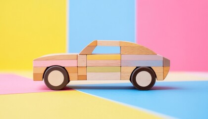 Wooden toy car on colorful background representing eco friendly vehicles and sustainable transportation