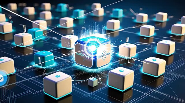 Blockchain Technology Concept with Connected Digital Blocks and a Glowing Central Node in a Futuristic Network


