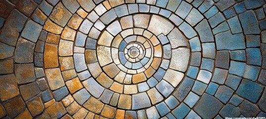 Naklejka premium Intricate Circular Stone Tile Spiral Pattern Background, Detailed Design, Textured, Abstract Texture