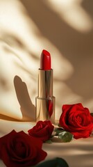 Luxurious red lipstick mockup with roses on beige background. Concept for Cosmetic advertisement, Vegan beauty product
