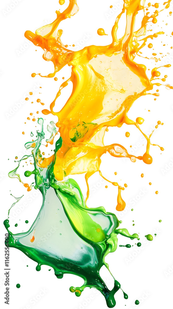Poster Orange and green paints colliding and splashing on a transparent background, creating a vibrant and dynamic abstract composition