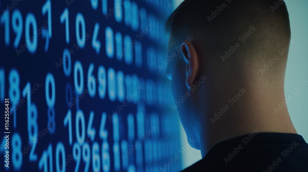 Poster person analyzing data on digital display with binary numbers and code elements