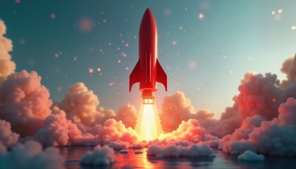 Red rocket launches from water into fluffy clouds at sunrise. Successful launch of futuristic vehicle. Innovative tech concept. Modern aerospace design. Inspiring image of progress, future. High tech