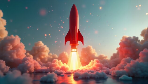 Red rocket launches from water into fluffy clouds at sunrise. Successful launch of futuristic vehicle. Innovative tech concept. Modern aerospace design. Inspiring image of progress, future. High tech - Powered by Adobe