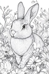 Adorable rabbit hiding in a beautiful blooming meadow coloring page