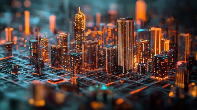 Illuminated Cityscape Network Digital Architecture