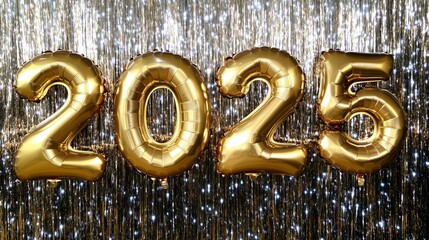 golden foil balloons shaped "2025" on a tinsel fringe background