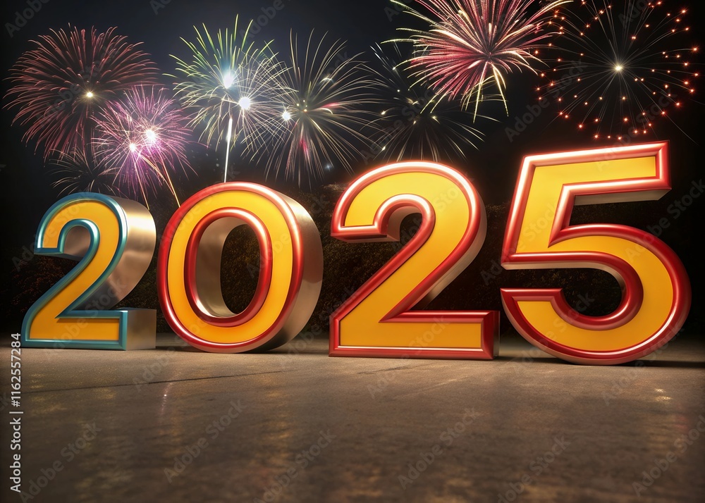 Fototapete happy new year with numbers 2025 with date on fireworks background and design template.