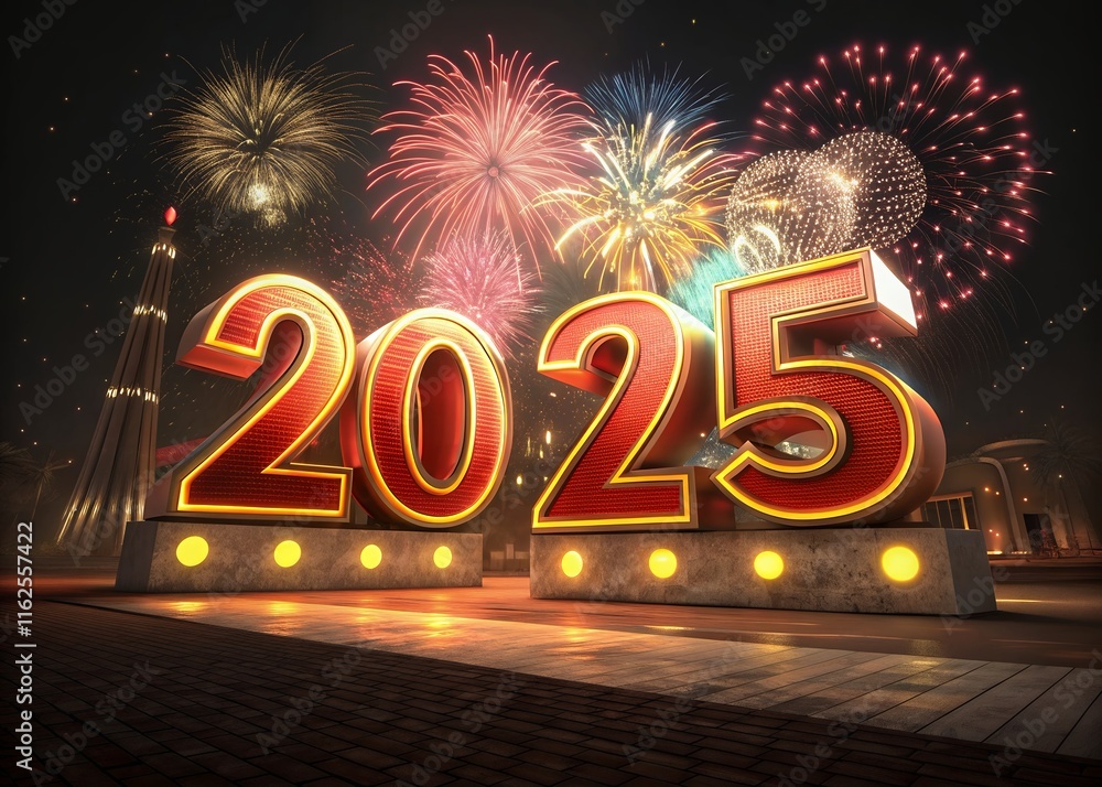 Fototapete happy new year with numbers 2025 with date on fireworks background and design template.