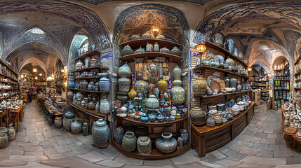 A panoramic view of a vibrant, antique-filled market, showcasing colorful pottery, intricate designs, and a historic building.
