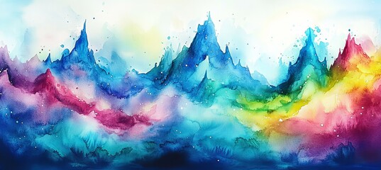 Obraz premium Abstract Dreamy Landscape Watercolor Background of Vibrant Mountains, Hills, and Sky
