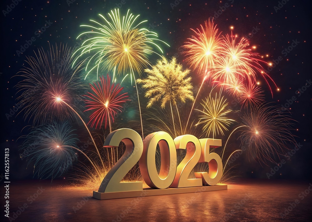 Fototapete Happy New year with numbers 2025 with date on fireworks background and design template.