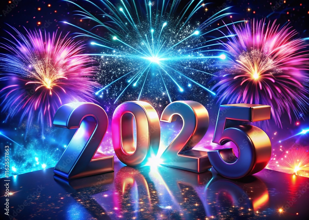 Fototapete happy new year with numbers 2025 with date on fireworks background and design template.