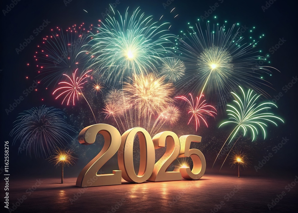 Fototapete happy new year with numbers 2025 with date on fireworks background and design template.