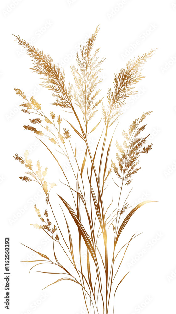 Poster sunlit golden grass blades waving gently, casting soft shadows on translucent surface with delicate,
