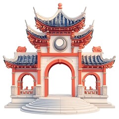 3D Render of a Traditional Chinese Style Archway with Steps and Intricate Details.