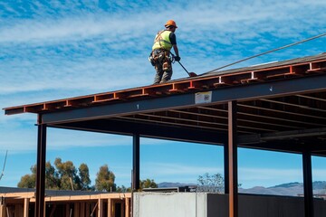 Construction worker skillfully laying roofing material under a bright blue sky