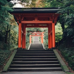 Serene Stone Steps Leading Through a Series of Red Torii Gates in a Lush Green Japanese Forest.