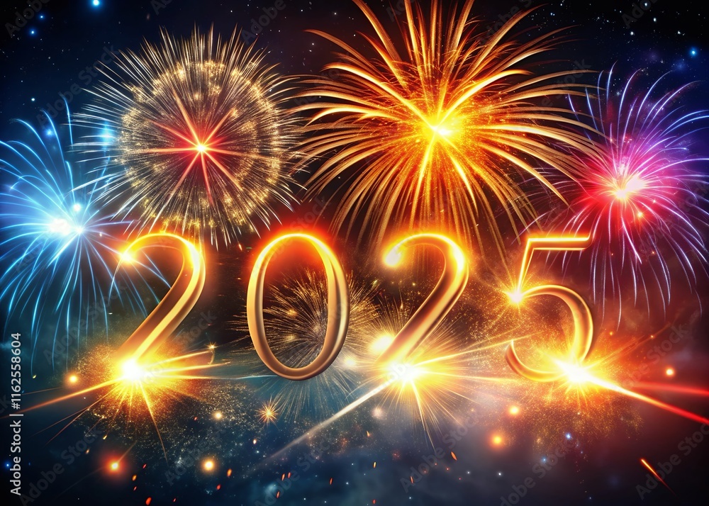 Fototapete happy new year with numbers 2025 with date on fireworks background and design template.
