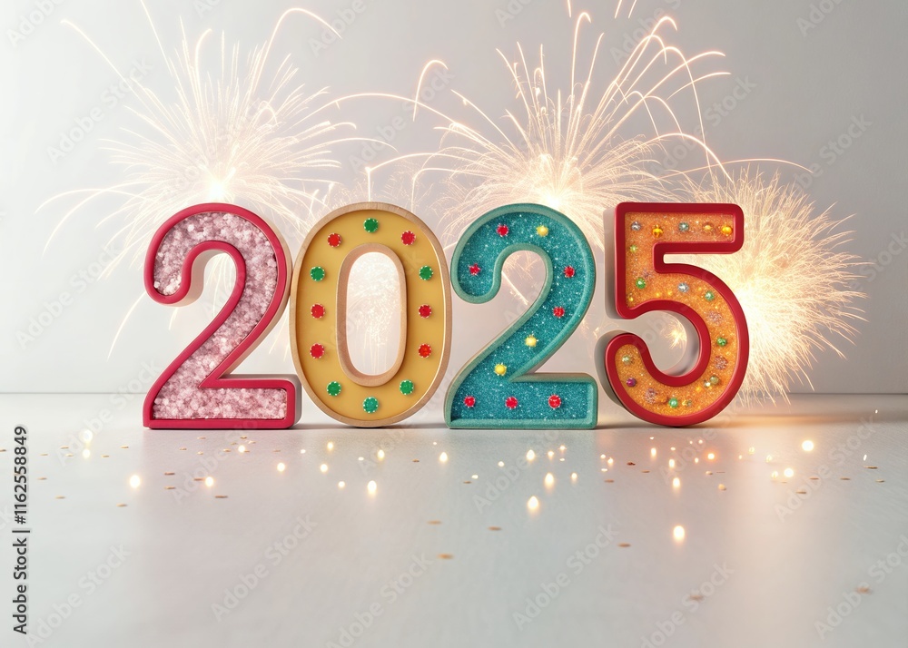 Fototapete Happy New year with numbers 2025 with date on fireworks background and design template.