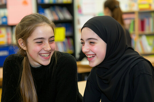 hijab-wearing schoolgirls laughing together at study desk - Powered by Adobe