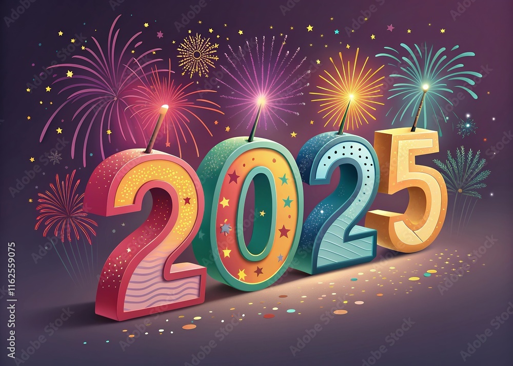 Fototapete happy new year with numbers 2025 with date on fireworks background and design template.