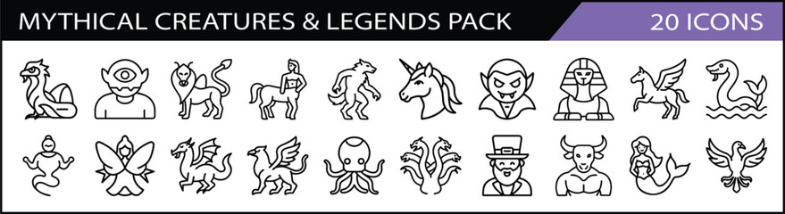 Mythical Creatures and Legends Icon Pack - A collection of 20 icons showcasing mythical creatures and legends, featuring dragons, unicorns, fairies, and mermaids for fantasy designs.