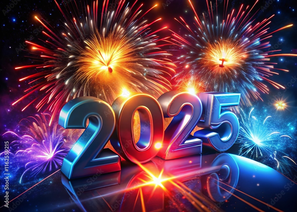 Fototapete happy new year with numbers 2025 with date on fireworks background and design template.