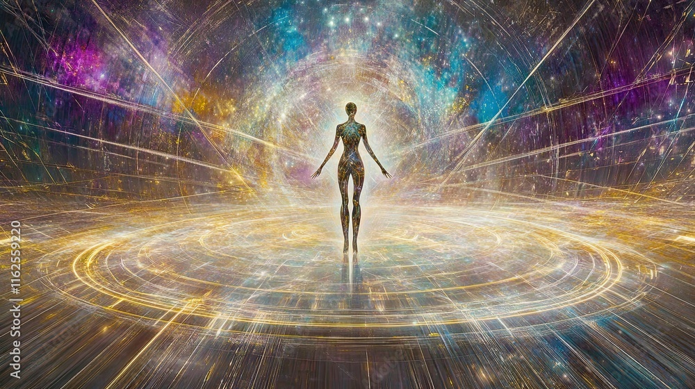 Poster surreal abstraction of a shifting human figure in a vibrant cosmic dimension