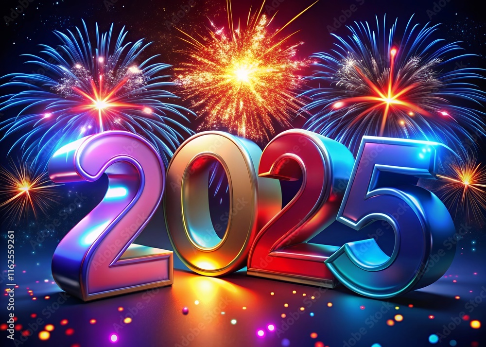 Fototapete happy new year with numbers 2025 with date on fireworks background and design template.