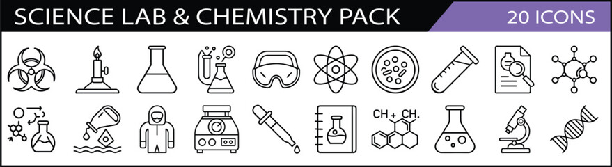 Science Lab and Chemistry Icon Pack - A pack of 20 line icons showcasing science lab and chemistry tools, including beakers, test tubes, atoms, and scientific experiments.