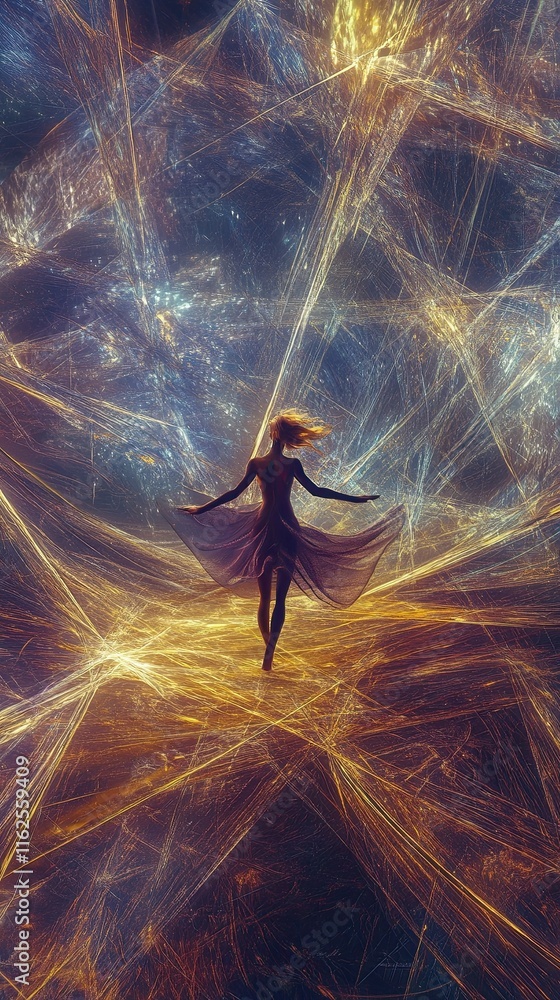 Poster surreal human figure dances within an abstract cosmic landscape of shifting colors and shapes
