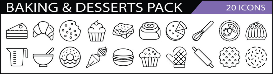 Baking and Desserts Line Icon Set - A collection of 20 icons centered on baking and desserts, including cakes, cookies, and utensils for kitchen-themed designs.
