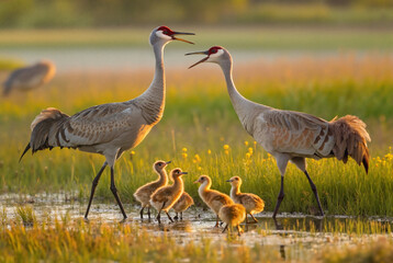 Fototapeta premium Crane family walking through wetland