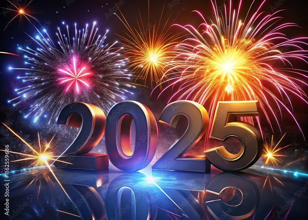 Fototapete Happy New year with numbers 2025 with date on fireworks background and design template.