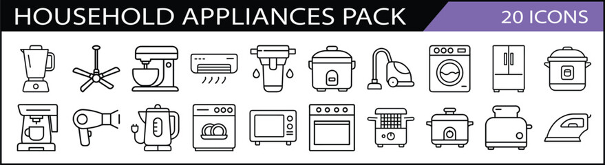 Household Appliances Icon Collection - A collection of 20 line icons featuring household appliances, including blenders, microwaves, and vacuums for everyday domestic themes.