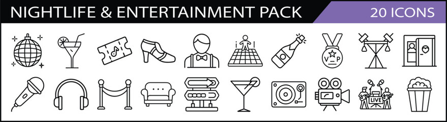 Nightlife and Entertainment Icon Set - A pack of 20 icons showcasing nightlife and entertainment themes, including cocktails, music, and dance for party or club designs.